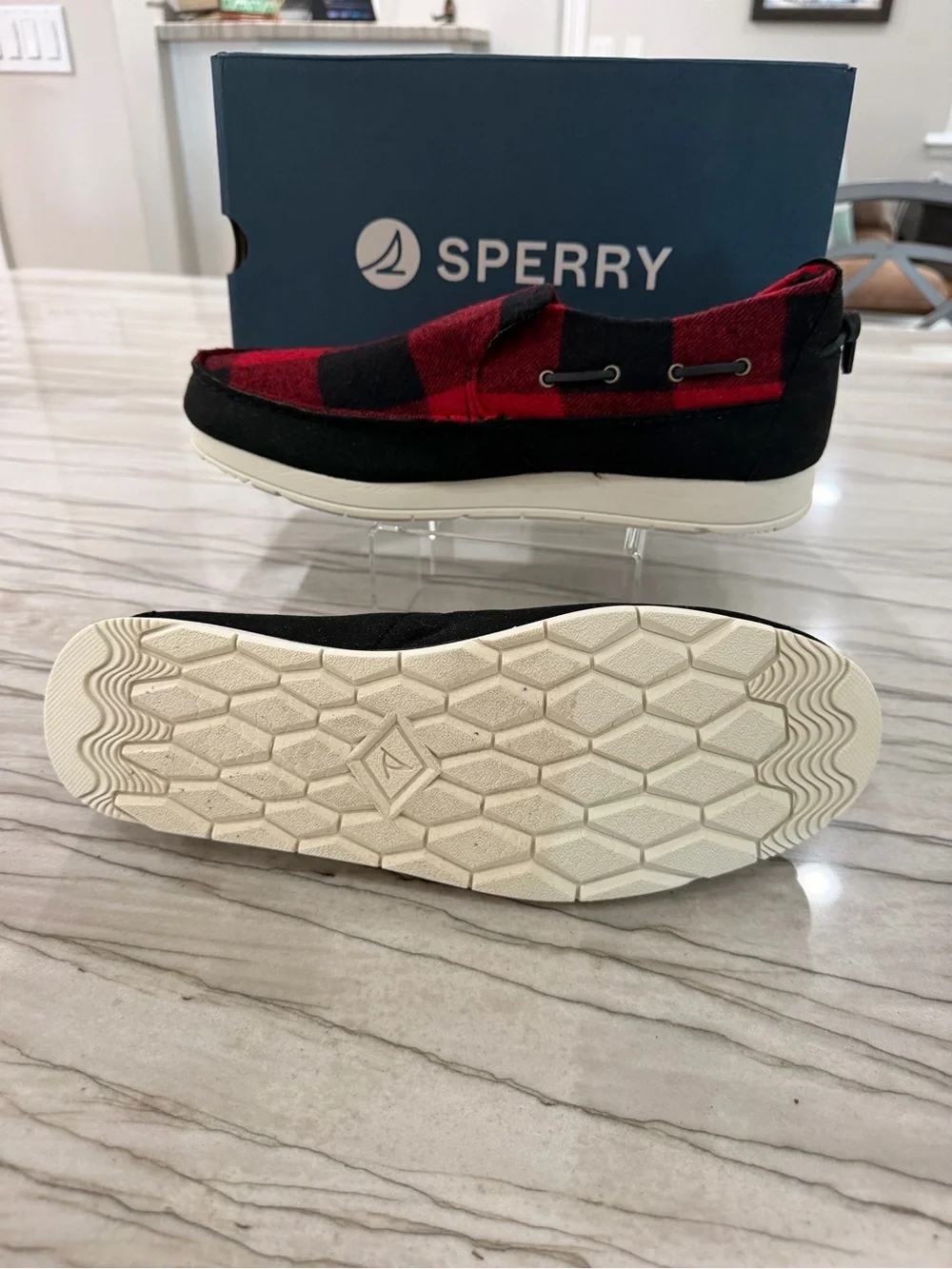 Sperry Men’s Red and Black Plaid Slip-On Boat Shoes